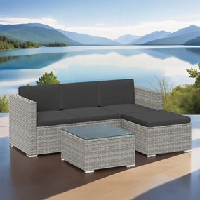 Conjunto de jardim, mobiliário de pátio em Polyrattan, mobiliário de varanda com almofadas e mesa de vidro Cinzento