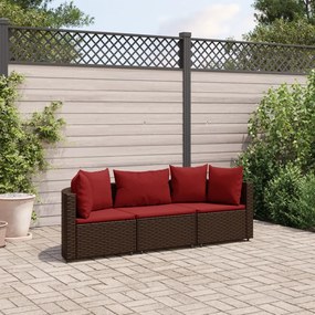 3 pcs conjunto sofás de jardim com almofadões vime PE castanho