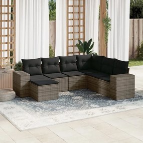 7 pcs conjunto sofás p/ jardim c/ almofadões vime PE cinzento