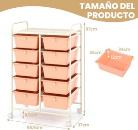 Carrinho móvel multiusos com 10 gavetas 65,5 x 37 x 87 cm com rodas Rosa claro