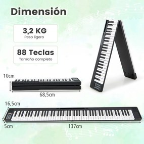 Piano digital dobrável de 88 teclas com Bluetooth MIDI Altifalantes duplos Pedal de sustentação e bolsa de transporte Preto e branco