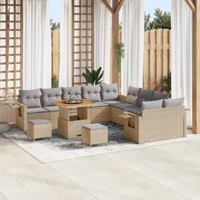 vidaXL Conjunto de Sofá de Jardim com 13 Peças e Almofadas - Bege, Rattan Sintético e Acácia