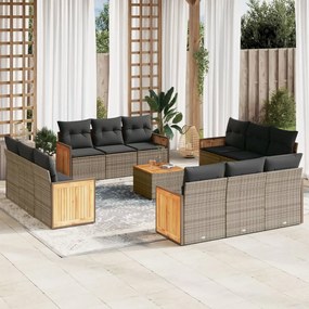 13 pcs conjunto sofás p/ jardim c/ almofadões vime PE cinzento