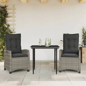 3 pcs conjunto de jantar p/ jardim c/ almofadões vime PE cinza