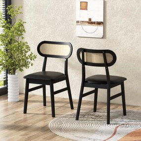 Conjunto de 2 cadeiras de jantar de madeira para interior com assento almofadado e encosto de cozinha em rattan com cobertura em pele sintética Preto