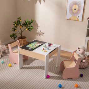 Conjunto de mesa e 2 cadeiras para crianças Mesa de atividades de madeira 4 em 1 para arte, desenho, leitura e quadro removível Rosa