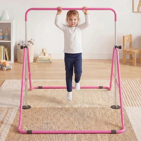 Barra de ginástica infantil dobrável, altura ajustável, base antiderrapante 3-12 anos, Rosa