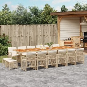 vidaXL 17 pcs conjunto de jantar p/ jardim c/ almofadões vime PE bege