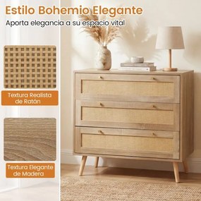 Cómoda em rattan 80 x 40 x 75,5 cm com 3 gavetas e pés em madeira de pinho, estilo boémio, para o quarto, sala de estar ou hall de entrada, com um toq