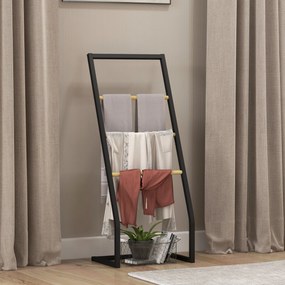 Toalheiro de Pé para Casa de Banho com 4 Barras em Bambu e Aço 40,5x28x98 cm Preto e Madeira