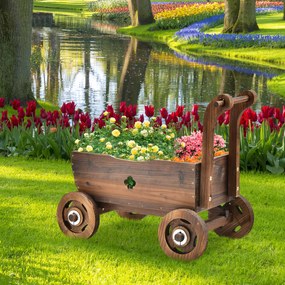 Carrinho floreira para flores com caixa de madeira, rodas, alça, orifício de drenagem, suporte para pote, decoração de jardim, pátio, varanda, castanh