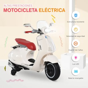 HOMCOM Mota Elétrica Vespa com Faróis Música 2 Rodas Auxiliares para C