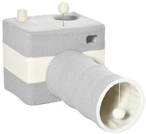PawHut Túnel para Gatos com Caverna Túnel para Animais de Estimação com Orifício Superior e Bola Suspensa 48x95x58cm Cinza