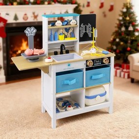 Centro Médico de Brincar de Madeira para Crianças 75 x 28 x 82 cm com Quadro Branco Balança para Animais de Estimação Torneira e Vários Acessórios Bra