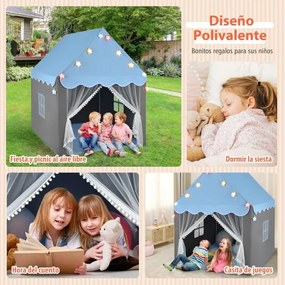 Tenda para crianças com tapete lavável Castelo de fadas com luzes Janelas 105 x 121 x 136 cm Azul