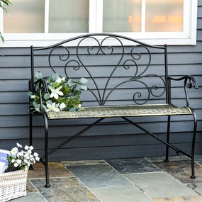 Banco de jardim de 2 lugares 100 x 50 x 88 cm, estilo neo-retro, em ferro forjado, com linhas afiladas, em metal preto dourado, com efeito envelhecido