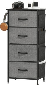 Cómoda com 4 gavetas em tecido 45 L x 30 P x 94,5 A cm, móvel de arrumação com 4 bolsos, 2 ganchos, estrutura em aço, cinzento