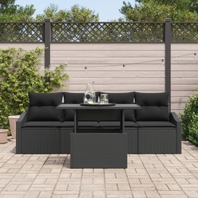 Conjunto de 5 Peças de Sofá para Jardim com Almofadas Pretas de Rattan