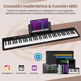 Teclado de piano elétrico dobrável com 88 teclas, tamanho normal, semi-pesado e portátil com MIDI 128 x 23 x 6 cm Preto