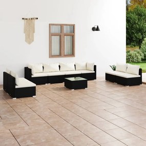 vidaXL 9 pcs conjunto lounge de jardim c/ almofadões vime PE preto