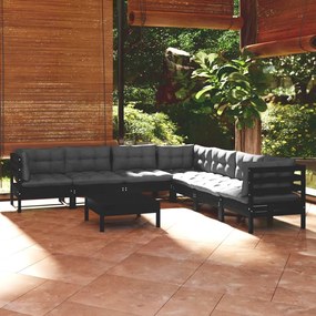 vidaXL 8 pcs conjunto lounge jardim c/ almofadões pinho maciço preto
