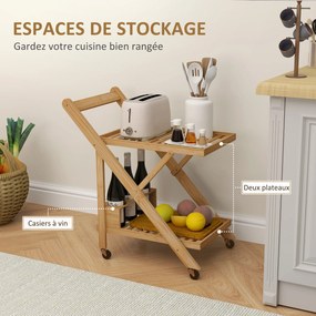 Carro de serviço de cozinha em bambu  66 x 40 x 70 cm, dobrável, com 2 tabuleiros, 4 rodas e 3 compartimentos para garrafas de vinho,, madeira natural