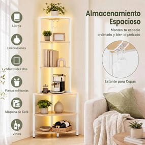 Estante de Canto com Iluminação LED, 42 x 42 x 165 cm, Estação de Carregamento Integrada, Natural+Branco