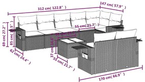 9 pcs conj. sofás jardim com almofadões vime PE cinzento-claro