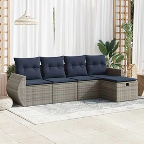 5 pcs conjunto sofás de jardim c/ almofadões vime PE cinzento