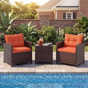 Conjunto jardim de 3 peças: cadeiras de rattan e mesa com tampo de vidro temperado. Mobiliário de exterior em vime para pátio, Castanho com almofadas