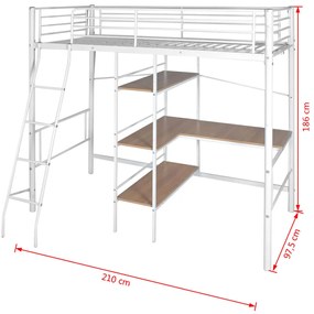 Cama alta com secretária metal 90x200 cm branco e castanho