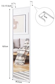 Espelho de parede de corpo inteiro com 2 conjuntos de ganchos ajustáveis ​​para quarto, banheiro, entrada,  107,4 x 1,5 x 36,5 cm branco,