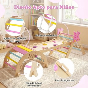 Triângulo para crianças Unicórnio Ginásio de Interior com Arco, Rampa e Escada Dobrável em Madeira Montessori para Quarto de Crianças e Creche - Rosa