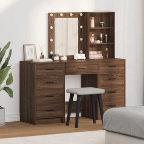 Conjunto de Mesa de Maquiagem de 3 Peças com LED em Madeira de Carvalh