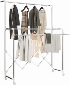 Estendal de roupa dobrável para interior com 3 barras ajustáveis e 4 Rodas, 104-150 x 103 x 145-197 cm, prateado