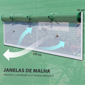 Estufa tipo Túnel 6x3x2 m Estufa de Exterior com 4 Janelas de Malha Cobertura de PE Anti UV e 3 Portas Enroláveis Verde