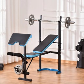 Banco de Musculação Multifuncional (PESOS E BARRA NÃO INCLUIDA) com Suporte para Barras e Encosto Ajustável 155x56,5x120 cm Preto e Azul