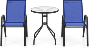 Conjunto de móveis Jardim Bistrô de 3 peças, 2 cadeiras em tecido e 1 mesa em vidro temperado azul