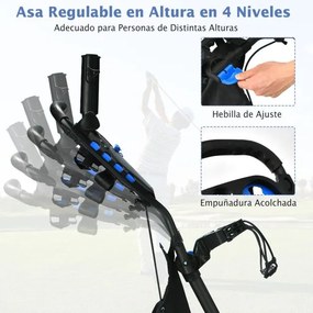 Carrinho de golfe dobrável, leve e de 4 rodas, com saco impermeável e travão de pé, suporte ajustável para guarda-chuva e copo - Azul