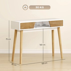 Mesa de Consola Estreita Consola de Entrada Moderna com 2 Gavetas Compartimento e Pés de Madeira 100x30x75 cm Branco