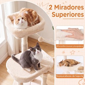 Árvore para Gatos, Altura Total: 149 cm Postes de Sisal Natural, Bege