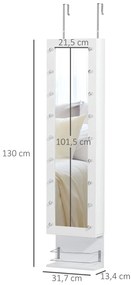 HOMCOM Espelho com Móvel de Bijuterias de Parede ou Porta Armário Guarda Jóias com 18 Luzes LED Altura Ajustável e Prateleira Aberta Organizador de Jóias 31,7x13,4x130cm Branco