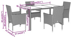 5 pcs conjunto jantar jardim com almofadões vime PE/vidro bege