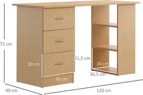 Secretária com 3 gavetas e 3 prateleiras abertas 120 x 49 x 72 cm madeira clara