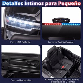 Carro Elétrico Infantil de Polícia, 96,5 x 61 x 48,5 cm, Com Comando à Distância, Preto e branco