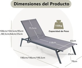 Conjunto de 2 Espreguiçadeiras de Exterior, 199 x 70 cm, Encosto Ajustável em 6 Níveis, Cinzento