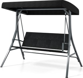 Baloiço de jardim para 3 pessoas  118 x 192 x 165 cmtipo Hollywood com toldo e encosto em rattan e estrutura em metal, suporta até Preto