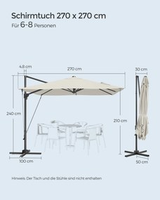 Guarda-sol retangular de 270 x 270 cm com manivela e base em cruz branco creme