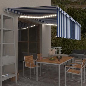 Toldo autom. c/ estore/LED/sensor de vento 5x3 m azul/branco