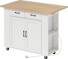 HOMCOM Ilha de Cozinha com Estação de Carregamento, Carrinho de Cozinha com Tampo Dobrável, 2 Gavetas, Branco | Aosom Portugal